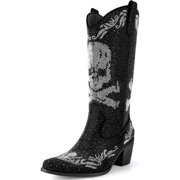 Women Blake Rhinestone Cowboy Boots Pointed Toe Mid Calf Sparkly Block Heel - Picture 2 of 5
